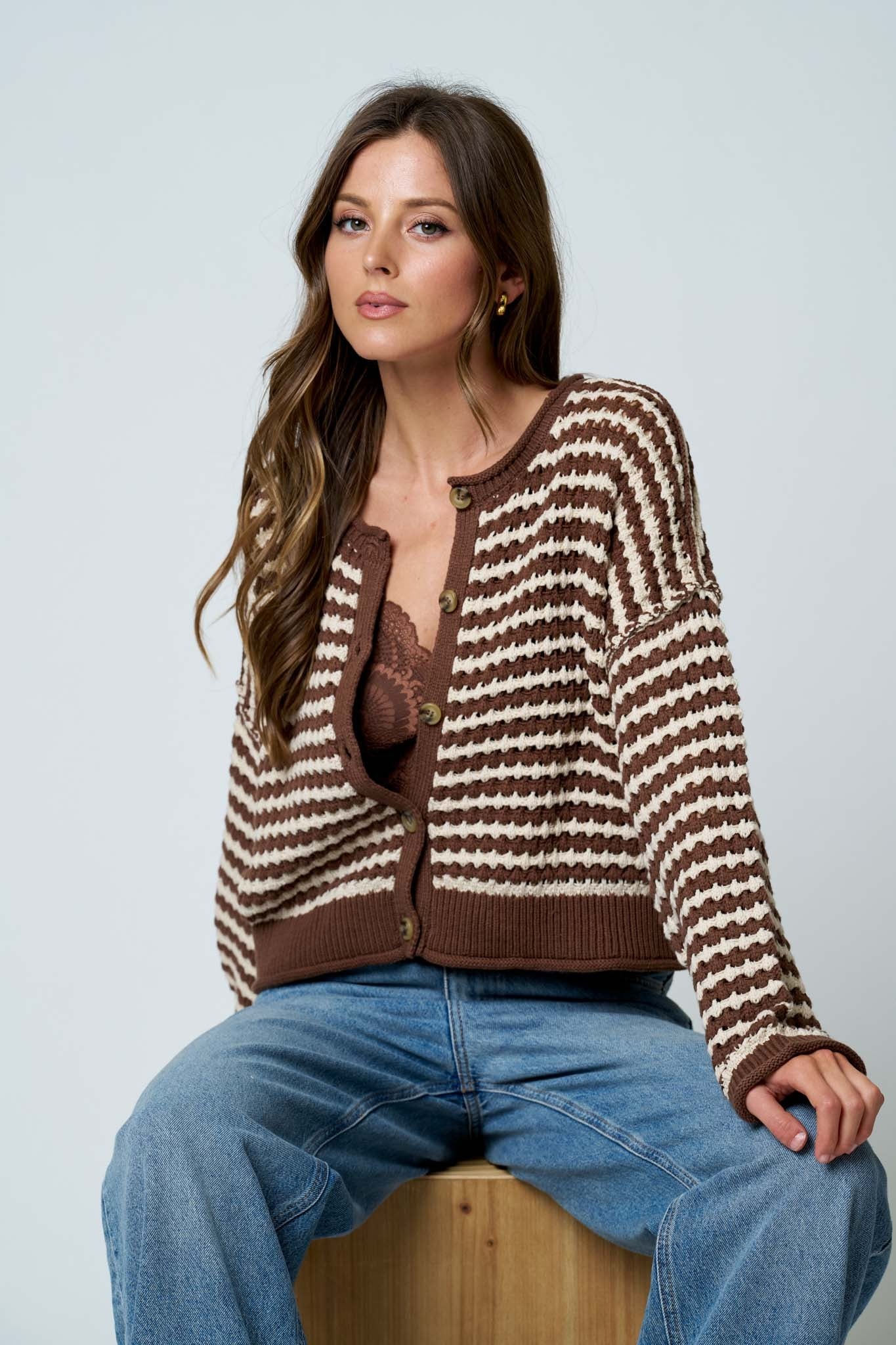 Stripe Crochet Knit Button Down