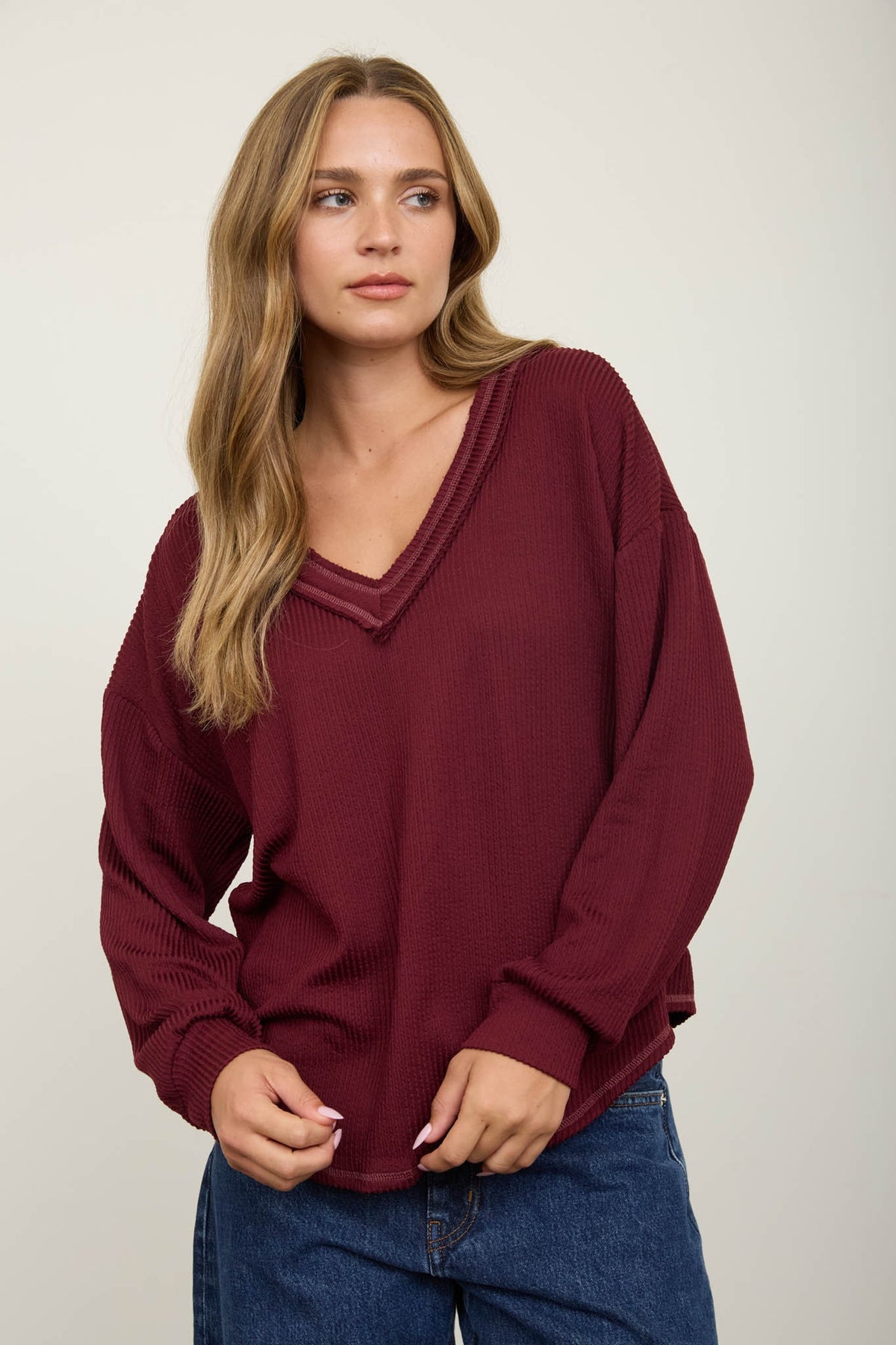 Raw Edge V-neck Knit Top