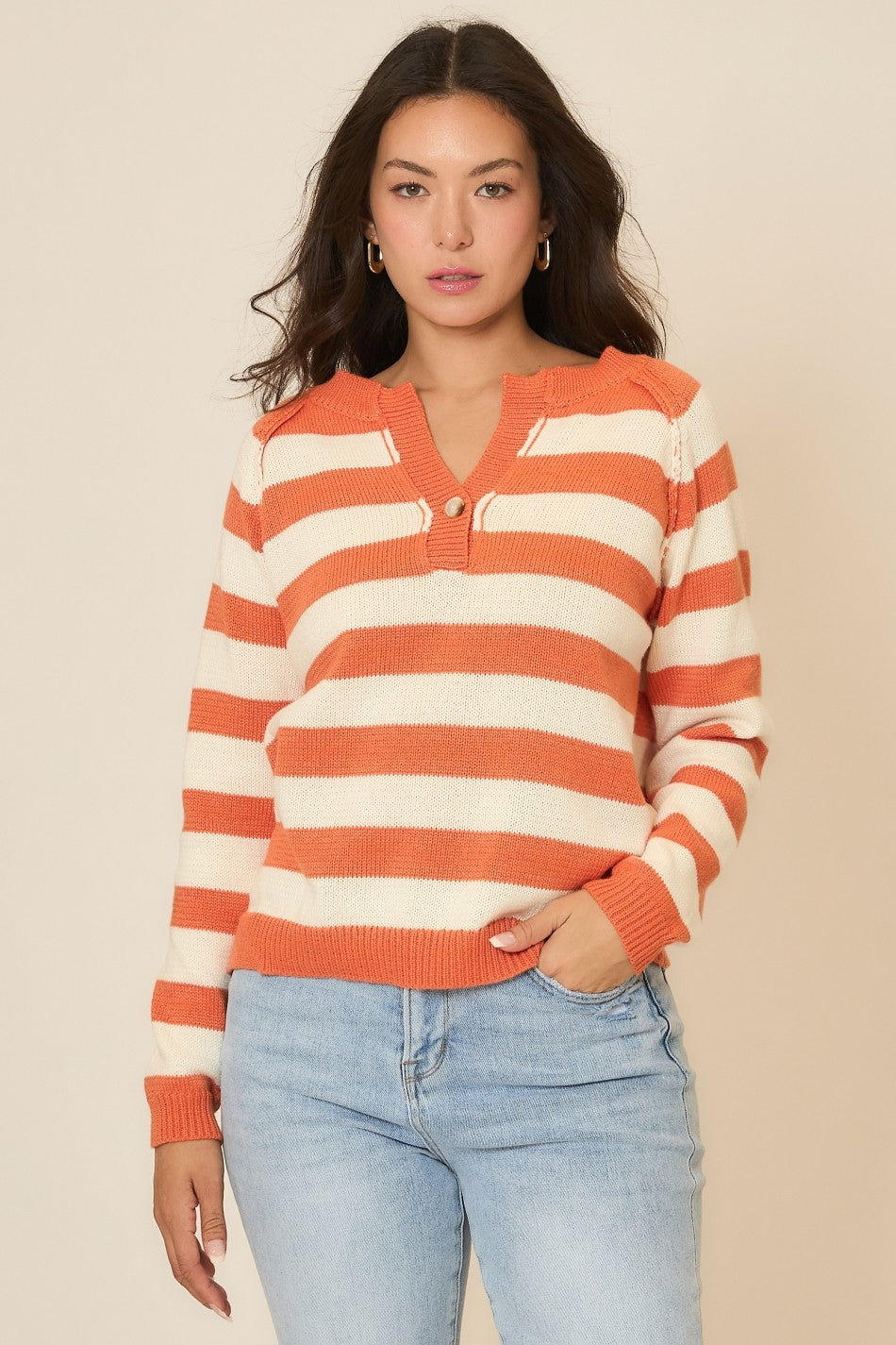 Deep Notch Neck Knit Sweater