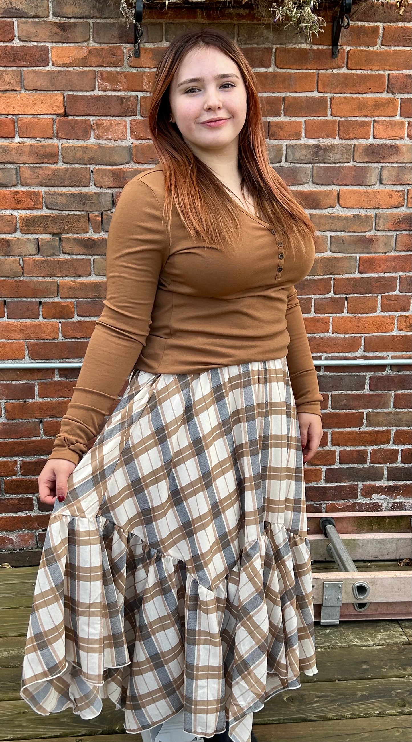 PLAID RUFFLE MIDI SKIRT