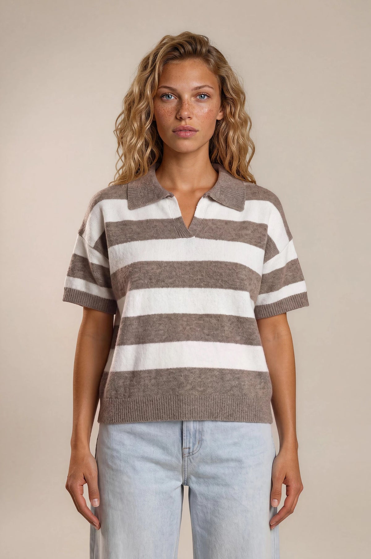 Striped Knit Short Sleeve Sweater