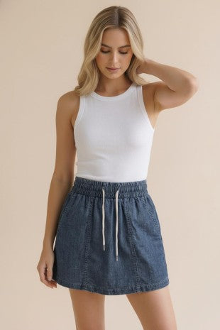 Elastic Waist Chambray Skort